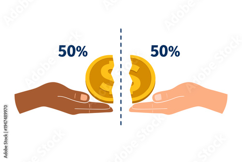 50 50 Raffle Fundraiser Split Prize Money Hands Flat Vector