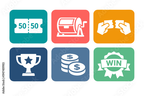 50 50 Raffle Fundraiser Icon Set 6 Icons Flat Vector