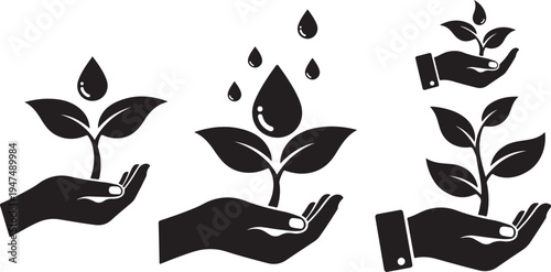 Hands nurturing plants with water droplets icon set
