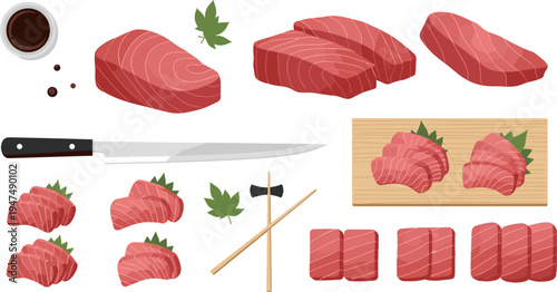 Sushi Preparation and Ingredients Vector Set with Tuna Slices, Knife, Soy Sauce, Chopsticks, and Wooden Board for Japanese Cuisine and Sushi Art
