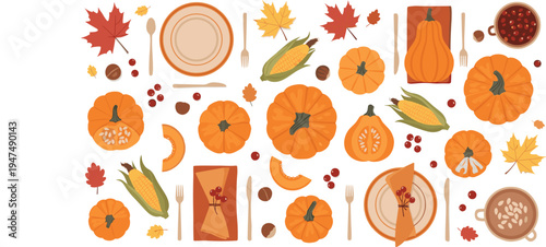 Autumn Harvest and Thanksgiving Table Vector Set with Pumpkins, Corn, Fall Leaves, Cranberries, and Seasonal Decor for Thanksgiving, Fall, and Harvest Festivals