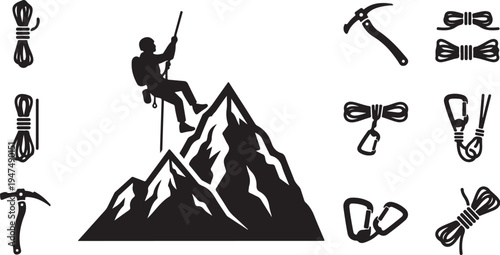 Climber on mountain with climbing gear icons