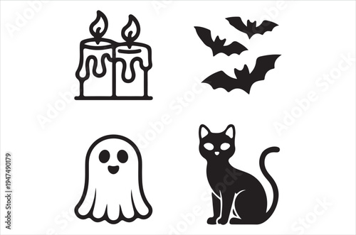 Halloween icons featuring candles bats a ghost and a black cat