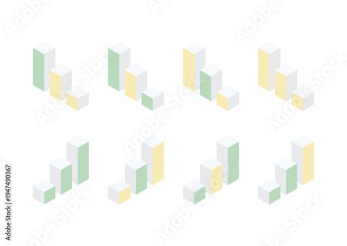 1つの面の色が異なる3本の棒で構成された棒グラフのアイソメトリックデザイン（イエロー・グリーン）