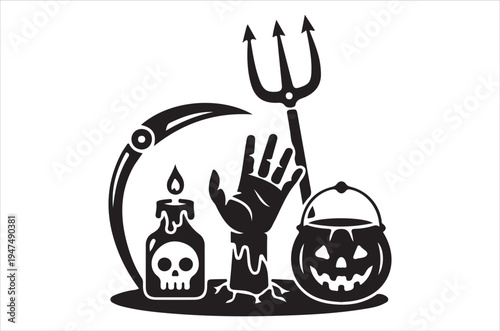 A spooky halloween still life featuring a trident scythe and cauldron