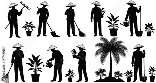 Asian Farmer Silhouette Set Featuring Gardeners with Conical Hats Tools Plants and Palm Trees Isolated on White Background Vector Illustration