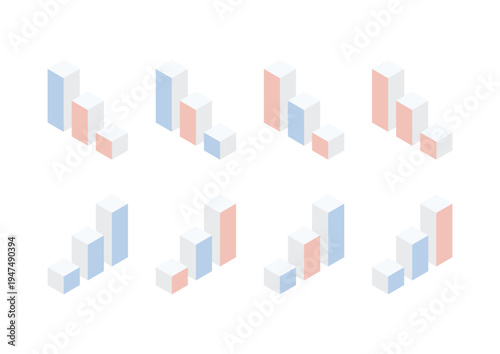 1つの面の色が異なる3本の棒で構成された棒グラフのアイソメトリックデザイン（レッド・ブルー）