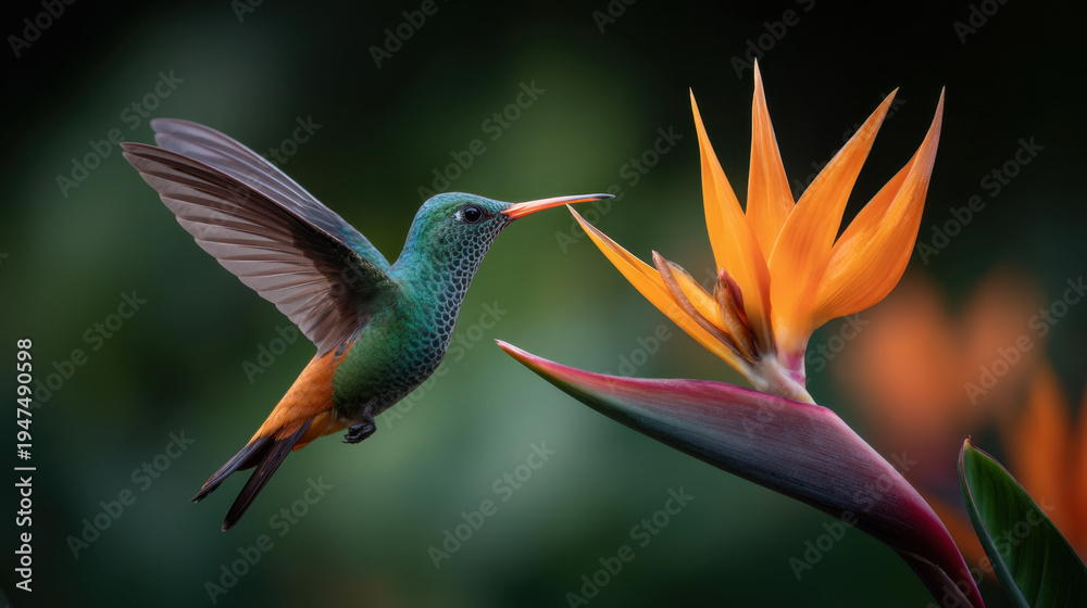 Naklejka premium Vivid close up of green hummingbird hovering beside orange bird of paradise flower, detailed feathers and motion captured with soft green bokeh and warm floral tones
