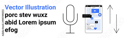 Social media, voice search, mobile UI, content interaction, app interface, communication. Smartphone screen showing social media and a microphone icon. Social media and voice search concepts