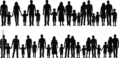 Black family silhouette vector set featuring parents holding hands with children, diverse groups of people, and happy families isolated icons.
