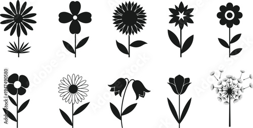 Black flower silhouette vector set featuring daisy, sunflower, tulip, bellflower, and dandelion icons isolated on white for nature-inspired graphic designs.