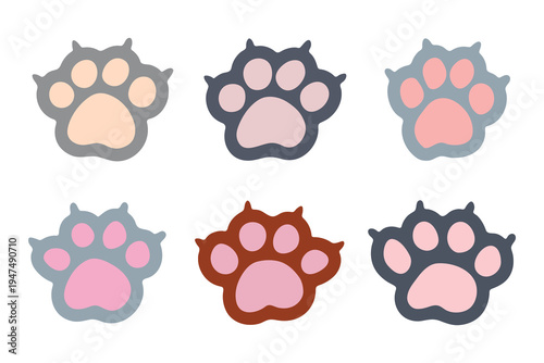 Set of hand drawn cute cat's paw Cat, dog, animal, pet, puppy, bear, wolf, tiger paw clipart in doodle style For print, web, design, decor, greeting cards, children's prints
