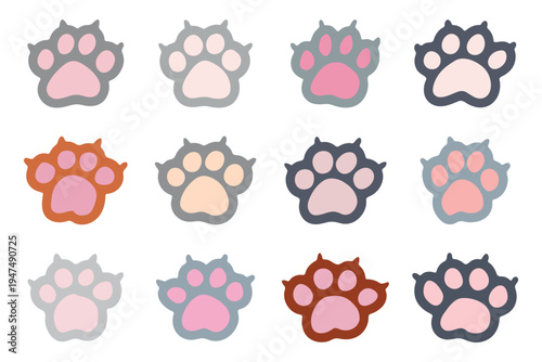 Set of hand drawn cute cat's paw Cat, dog, animal, pet, puppy, bear, wolf, tiger paw clipart in doodle style For print, web, design, decor, greeting cards, children's prints