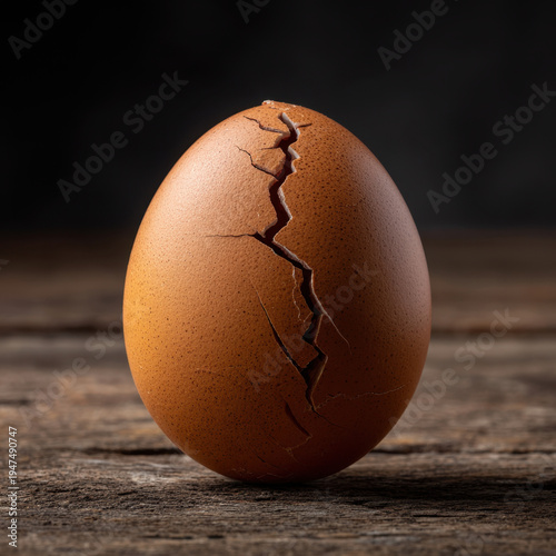 Wallpaper Mural Cracked brown egg on wooden surface with dramatic lighting and textured shell showing vertical fracture and fine fissures conveying tension and fragility Torontodigital.ca