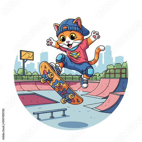 Cool Cartoon Cat Performing Skateboard Trick at Urban Skatepark
