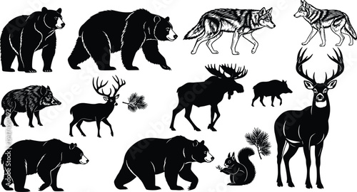 Forest wildlife silhouette collection of bear wolf deer moose boar and squirrel set, cad drawing flat vector illustration, isolated on white.
