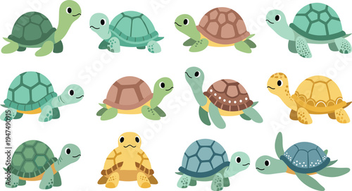 Cute Turtle Vector Illustration Set Featuring Adorable Sea and Land Tortoises in Different Walking and Crawling Poses for Wildlife Nature Graphics and Kids Designs.