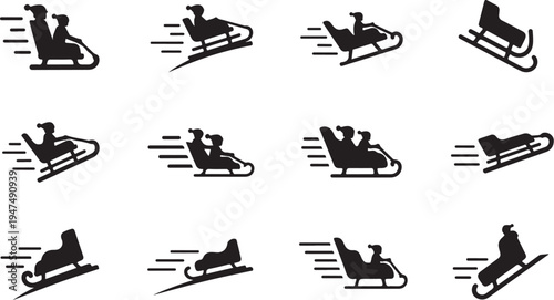 Sledding Silhouettes in Motion on White Background