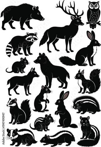 Collection of forest woodland animal silhouettes including deer, raccoon, owl, fox, squirrel, rabbit, skunk and wild mammals isolated on white background, wildlife vector illustration set