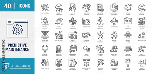 Predictive maintenance icon set. Includes data analytics, machine learning, condition, failure prediction, preventive, real time, analysis. Outline icon set. Vector illustration with editable stroke