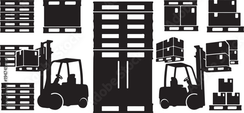 Forklifts and Pallets in Warehouse Setting Silhouette