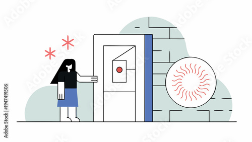 Woman approaches a secure electronic door with biometric access control.