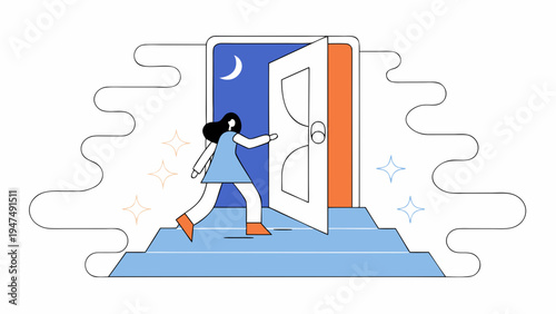 Woman steps through an open doorway toward a moonlit night sky.