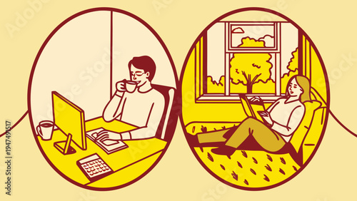 Two colleagues work remotely in different environments showing hybrid employment.