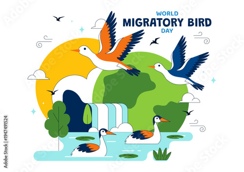 World Migratory Bird Day Vector Illustration Featuring Flying Storks Over Wetland Landscape, Wildlife Nature Conservation and Seasonal Migration