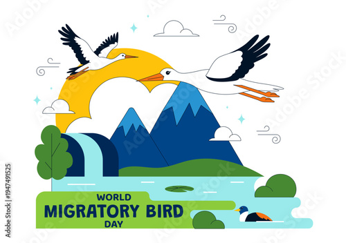 World Migratory Bird Day Vector Illustration Featuring Flying Storks Over Wetland Landscape, Wildlife Nature Conservation and Seasonal Migration