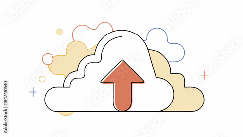 Cloud storage upload concept shows a large cloud shape with an upward arrow icon.