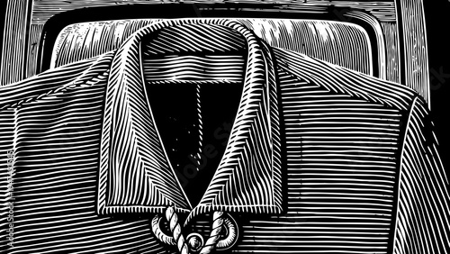 Woodcut style image displays the collar and yoke of a rugged work shirt hanging inside.