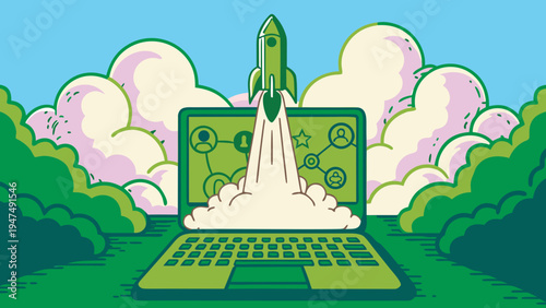 Green illustration shows a rocket blasting out of a computer displaying networking connections.