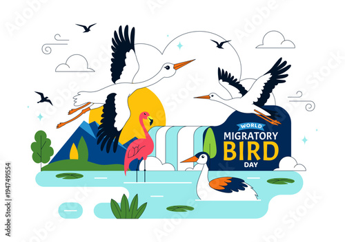 World Migratory Bird Day Vector Illustration Featuring Flying Storks Over Wetland Landscape, Wildlife Nature Conservation and Seasonal Migration