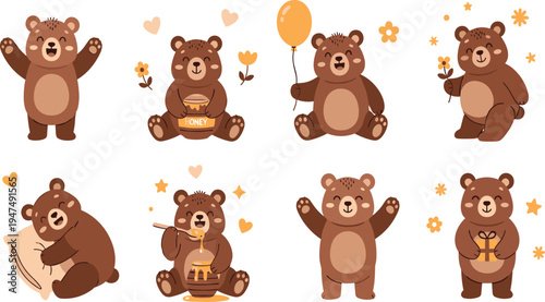 Cute Bear Vector Illustration Set Featuring Adorable Cartoon Forest Bears with Honey, Balloon, and Flowers for Woodland Wildlife Graphics, Kids Designs, and Nursery Themes.
