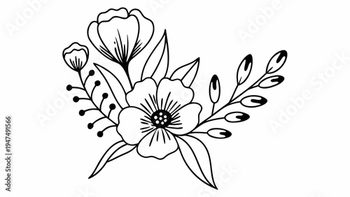 Black and white floral bouquet drawing features stylized flower heads and leaves.