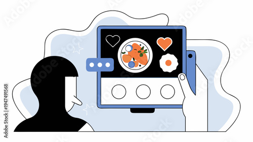 Person views an online food post on a tablet device displaying hearts and likes.