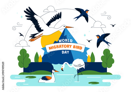 World Migratory Bird Day Vector Illustration Featuring Flying Storks Over Wetland Landscape, Wildlife Nature Conservation and Seasonal Migration