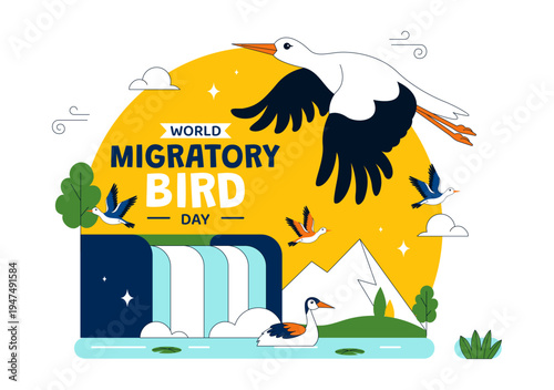 World Migratory Bird Day Vector Illustration Featuring Flying Storks Over Wetland Landscape, Wildlife Nature Conservation and Seasonal Migration