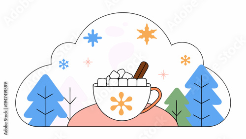 Hot chocolate cup with marshmallows and a cinnamon stick evokes cozy winter feelings.