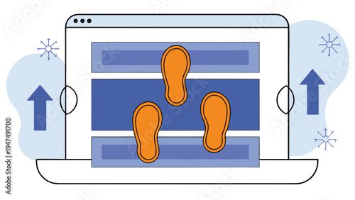 Three orange foot shapes appear on a laptop screen showing blue horizontal bars.