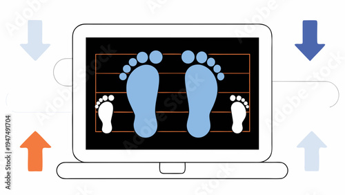 Two pairs of blue foot impressions are displayed on a computer monitor for measurement.