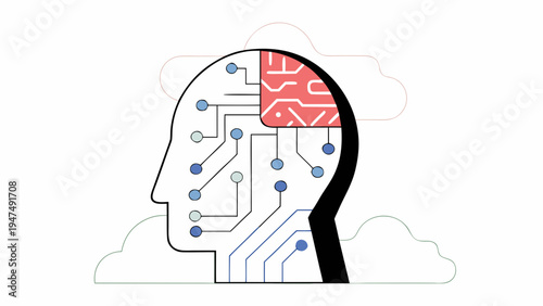 Human head in profile reveals a circuit board brain with interconnected pathways.