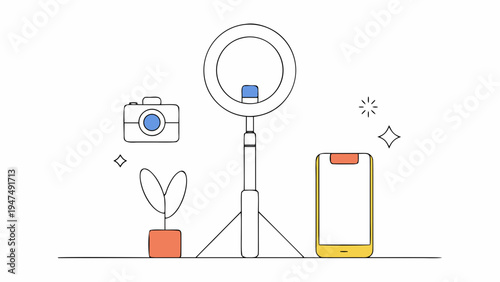 Ring light and camera setup with a smartphone and plant represents modern content creation.