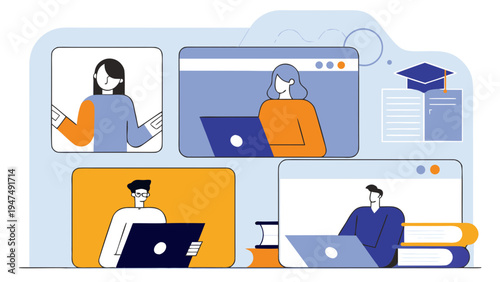 People participate in online learning and video conferences, using laptops for remote education.