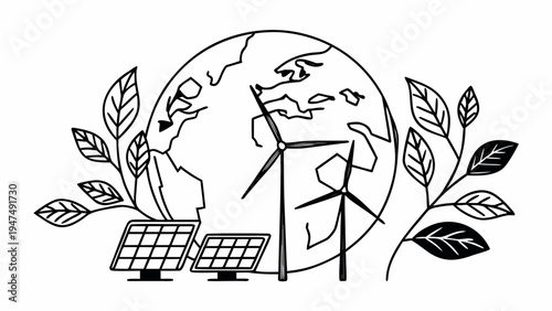 Earth illustration features wind turbines and solar panels, symbolizing global sustainable energy.
