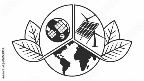 Eco-friendly globe logo depicts renewable energy sources like solar panels and wind turbines with.