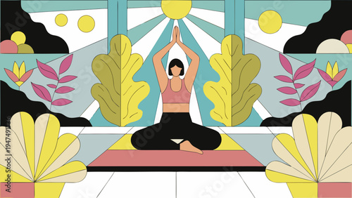 Woman meditating in a peaceful yoga pose is surrounded by vibrant, stylized plants and a bright.