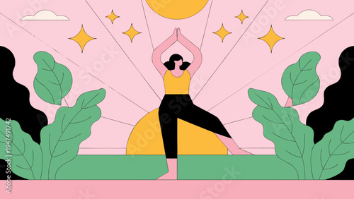 Woman practices yoga tree pose at sunrise with stylized nature elements.