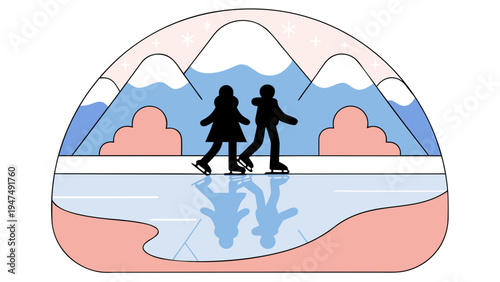 Ice skaters enjoy a winter activity on a frozen lake with majestic mountains in the background.